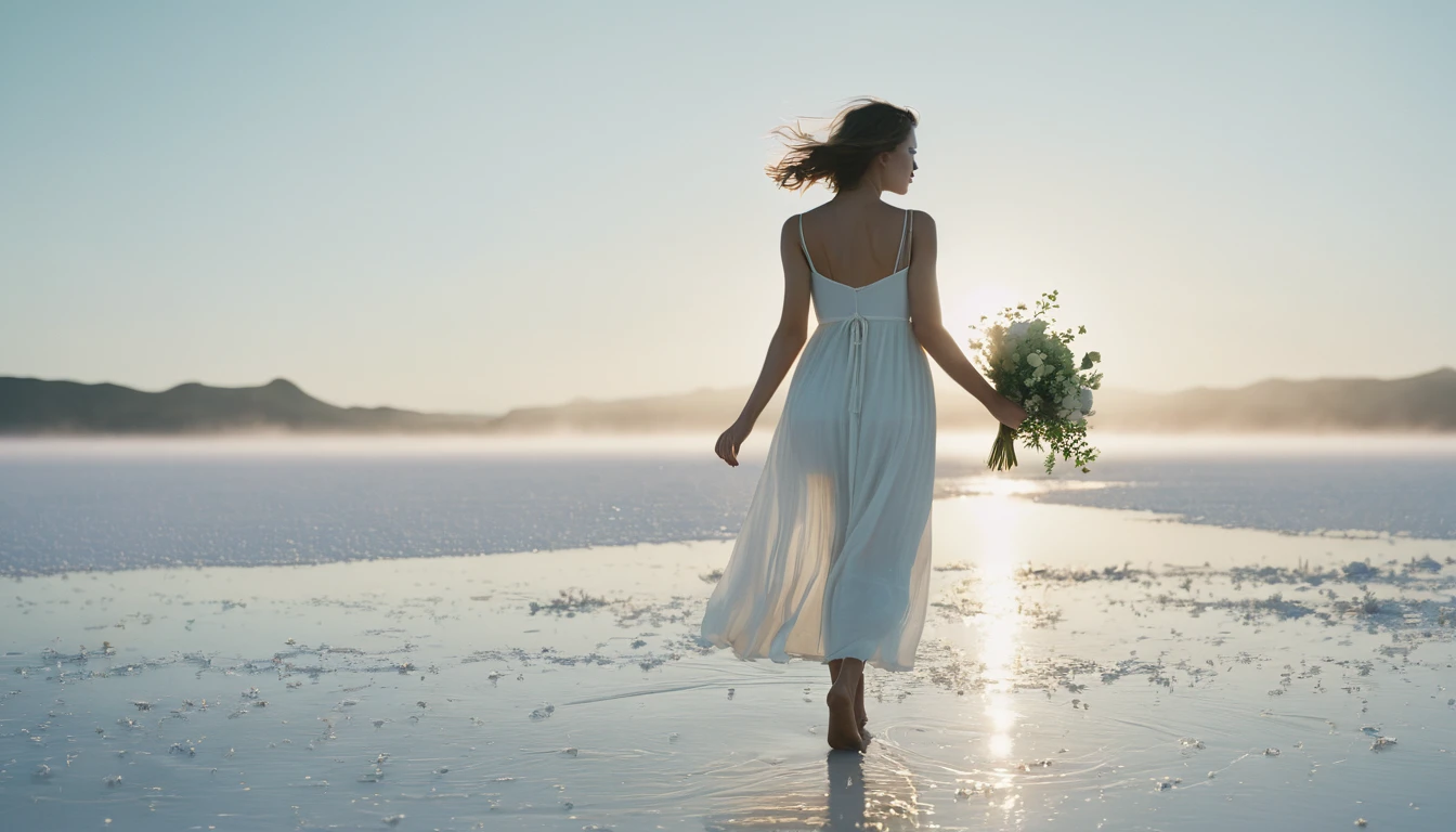 (((Masterpiece))),(top quality)),(((super detail))), high resolution, 8K Ultra HD, neutral pastel colors, a mysterious off-white world, reminiscent of the Uyuni Salt Flats. Imagine the scene with morning mist, the water surface shining like a mirror, reflecting the color of the sky. On the beach, a beautiful woman in a white summer dress is jumping and dancing, holding a bouquet of flowers in one hand. She has green eyes, full lips, white skin, and is backlit, creating a silhouette with simple, chic elements in off-white. The atmosphere is calm and photogenic. Featuring a cinematic LUT, shot with a Nikon D850, in film stock photography style using Kodak Portra 400 for rich, lifelike textures, and Cinestill 800."