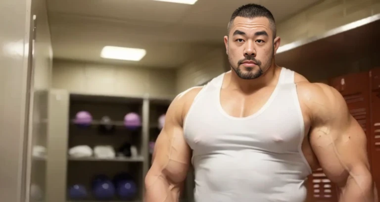 (glairing naked bodybuilder:1.4), (at locker room:1.4), 40's, (Japanese face:1.4), (Korean face:1.4), (Chinese face:1.4), (Taiwanese face:1.4), manly face, fat face, (round face:1.4), (monolid eyes:1.2), (buzz cut:1.5), very large and strong body, bulky body, beefy muscles, (bulging muscles:1.4), (very large pectoral muscles:1.4), (muscular arms:1.4), muscular abs, muscular legs, muscular back, bright oily skin, (realistic:1.2), distant view