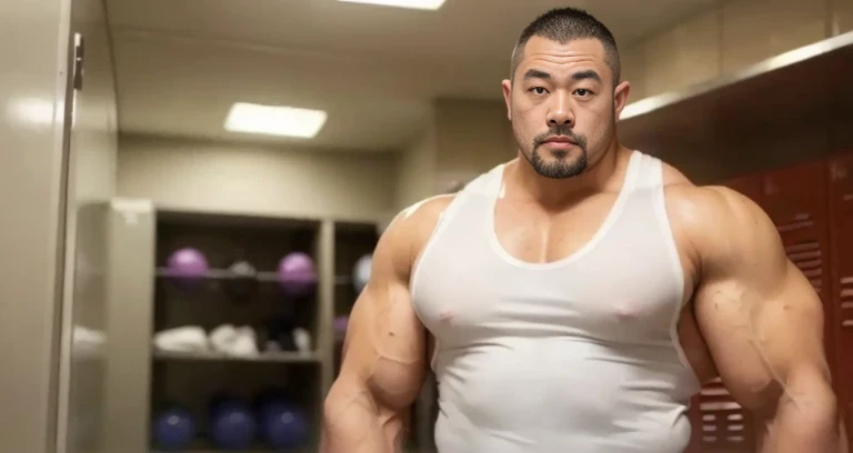 (glairing naked bodybuilder:1.4), (at locker room:1.4), 40's, (Japanese face:1.4), (Korean face:1.4), (Chinese face:1.4), (Taiwanese face:1.4), manly face, fat face, (round face:1.4), (monolid eyes:1.2), (buzz cut:1.5), very large and strong body, bulky body, beefy muscles, (bulging muscles:1.4), (very large pectoral muscles:1.4), (muscular arms:1.4), muscular abs, muscular legs, muscular back, bright oily skin, (realistic:1.2), distant view