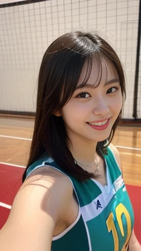 It captures a beautiful 24-year-old Japanese woman with the figure of a member of Japanese idol groups Keyakizaka46 and Nogizaka46.。She is posing as a volleyball player。With a smile、I'm posing with the wide angle slightly raised.。Her natural charm and bright smile、It's overflowing from the photo。Her pose and charming smile、It fascinates the viewer。Touching the ball in a white sleeveless shirt。In the background、The prison is expanding