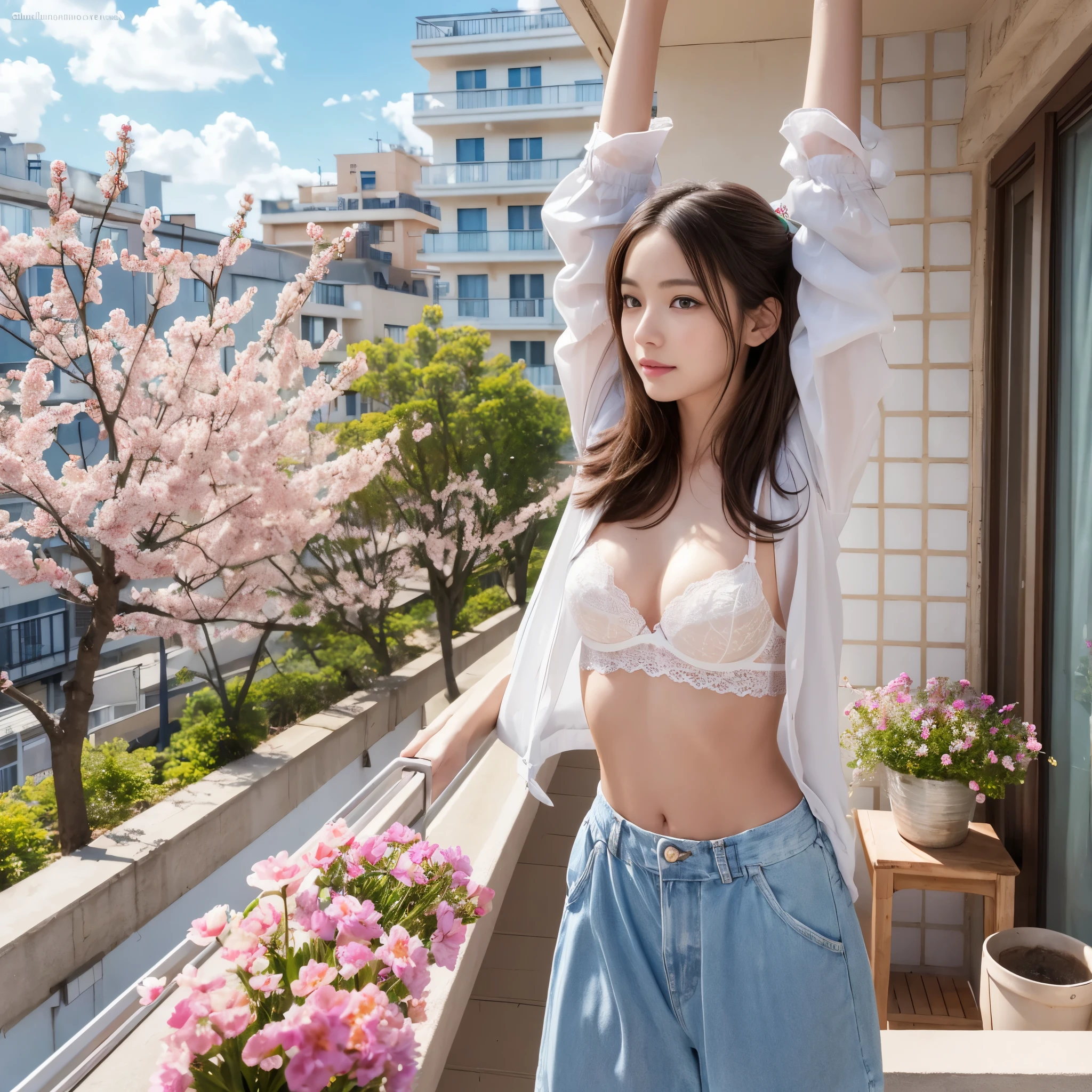 (((NSFW))), (Raw photo:1.2), (realistic), beautiful detailed girl, very detailed eyes and face, beautiful and detailed eyes, huge file size, High resolution, very detailed, highest quality, [table top:1.6], shape, very detailed, small details, highest quality, 8k wallpaper, movie lighting,15 year old girl, Girl on the balcony of an apartment, Stretch your arms up, Balcony with a spring view,   In underwear, I can see your white bra, I can see white panties, relaxed look, slender body, young face, immature body, exposed underwear,Looks like fun, In underwearの女の子, hair blowing in the wind, A town where spring flowers bloom