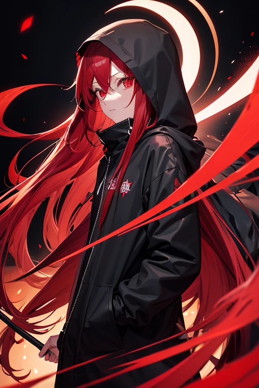 Red long hair female character Yandere Red eyes Madness Black hoodie Overfit Grim Reaper Reaper's Scythe Mesugaki