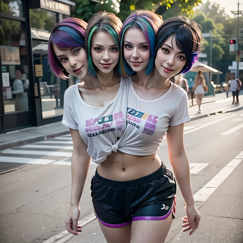 best resolution, 2 heads, white woman with two heads, four arms, different heads, sexy, different hair, pixie cut, rainbow hair, 21 years old, date, shirt and yoga shorts