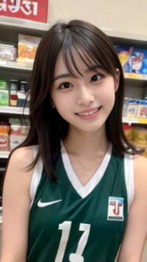It captures a beautiful 24-year-old Japanese woman with the figure of a member of Japanese idol groups Keyakizaka46 and Nogizaka46.。She is posing as a volleyball player。With a smile、I'm posing with the wide angle slightly raised.。Her natural charm and bright smile、It's overflowing from the photo。Her pose and charming smile、It fascinates the viewer。Touching the ball in a white sleeveless shirt。In the background、Convenience stores are spreading