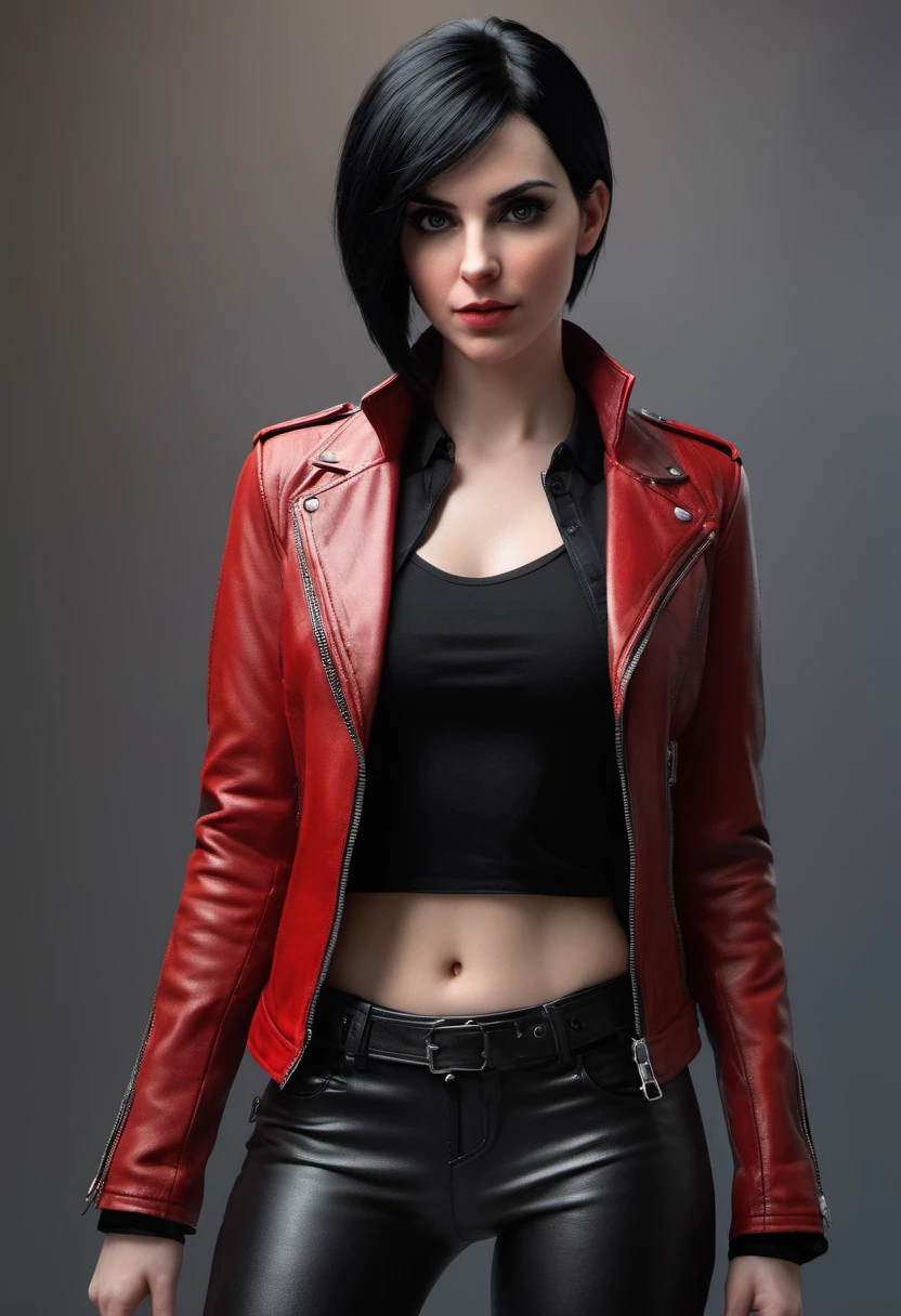 beautiful 25-year-old British vampire mercenary woman with short black hair, pale skin, wearing a red leather jacket and black tight leather pants, front view, challenging pose, ambient lighting, realistic photo, intricate facial detail, intricate hand details, highly detailed, vivid colors, cinematic, high resolution, trendy Artstation 