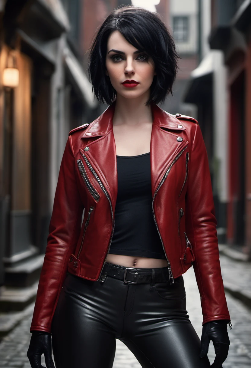 beautiful 25-year-old British vampire mercenary woman with short black hair, pale skin, wearing a red leather jacket and black tight leather pants, front view, challenging pose, ambient lighting, realistic photo, intricate facial detail, intricate hand details, highly detailed, vivid colors, cinematic, high resolution, trendy Artstation 