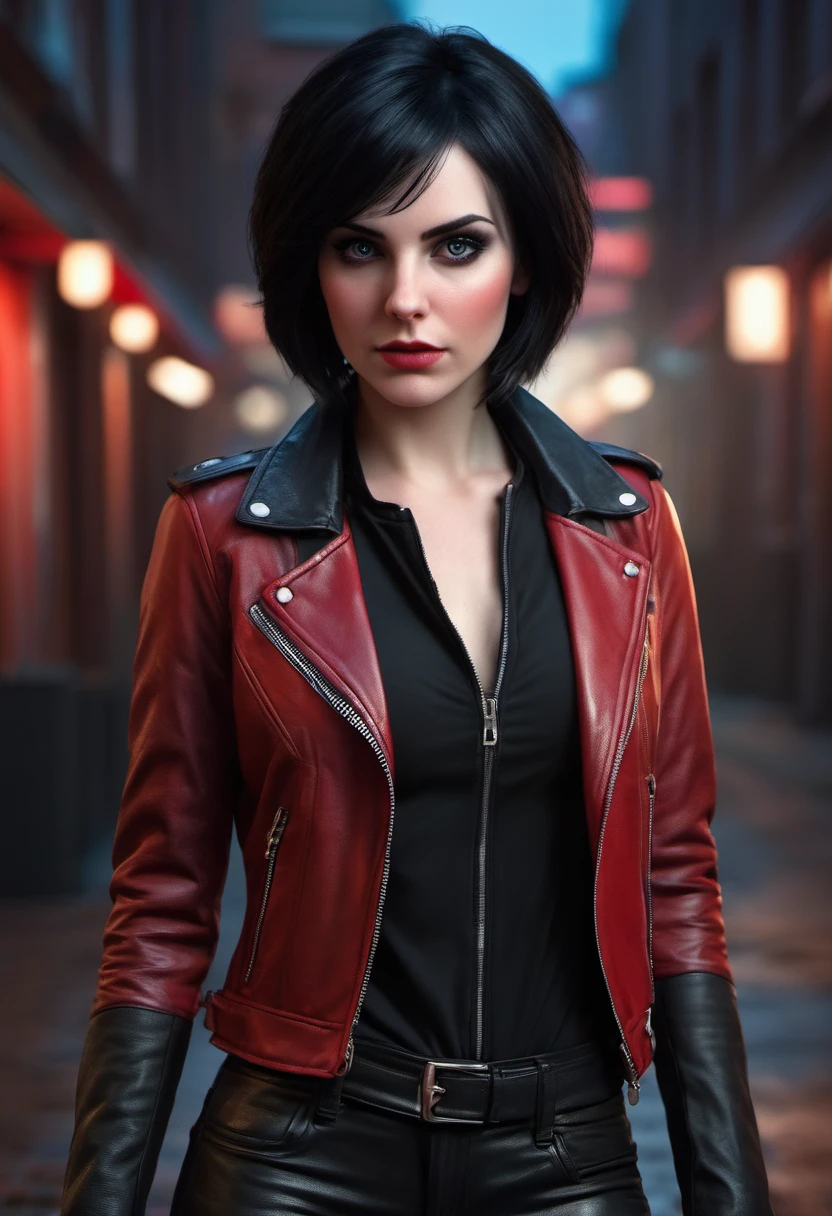 beautiful 25-year-old British vampire mercenary woman with short black hair, pale skin, wearing a red leather jacket and black tight leather pants, front view, challenging pose, ambient lighting, realistic photo, intricate facial detail, intricate hand details, highly detailed, vivid colors, cinematic, high resolution, trendy Artstation 