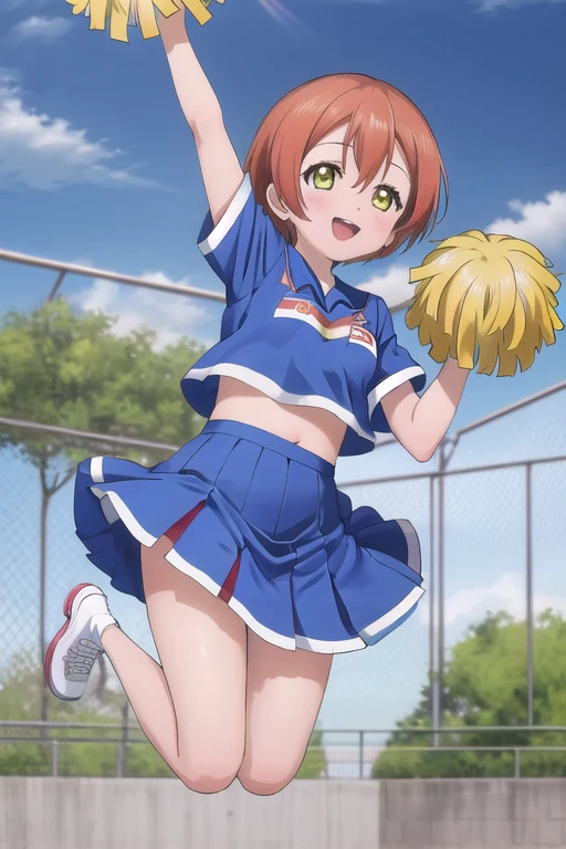 masterpiece, highest quality,Super detailed,girl,Happy,smile,blanket,rin hoshizora outdoor fence,dome,jumping,open your mouth,cheerleader