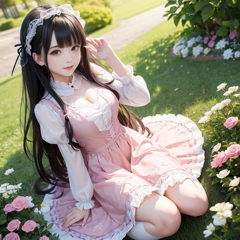best quality, masterpiece, lifelike, 1 girl, alone, eternal, black hair, Long curly hair, blunt bangs, Smile, pink skirt, pink lolita dress, layered skirt, Lolita style long skirt,Layered dress lace-trimmed skirt, decorate, lace, long sleeve, puff sleeves, wide sleeves, Transparent sleeves, hair accessories, in the flower garden, flower, Detailed background,  delicate face，pink blush，white knee socks, Pink shoes，cold，Lots of lace，((​masterpiece))、(top quality)、8K、high detail、super detailed、 21 years old female，wearing pink lolita dress((dreamy atmosphere:1.1))、Seductive and whimsical style、​masterpiece、born、Scenes resembling fairy tale illustrations、intricate details show the ruffles and intricate designs of the lolita gown、capricious、 beautifully、Dream aesthetics、「𝓡𝓸𝓶𝓪𝓷𝓽𝓲𝓬、ethereal、charming、fickle、magic」、realism、Visual effect、FXAA、SSAO、shader、voiceless、ambient lighting、Tone mapping、High resolution、ultra high definition、megapixel、(8K resolution:1.10)、8K、8K resolution、high detail、intricate details、 (high quality:1.2、​masterpiece:1.2、:1.21)、(21 years old female:1.21)、(Smile excitedly)、(Surrounded by the dreamy atmosphere of an amusement par color lolita dress、Her eyes were full of surprise and joy、I took a lot of geek photos、High heel、Model diagram，full-body shot，Knee-high white的 lace socks,Sweet Lolita，Normal 2 feet，Pink shoes，Baotou shoes，full-body shot，;Don&#39;t expose your fingers，Emphasize the volume of the skirt，exposed，huge breasts，The skirt flew up，Low-cut nudity，hair accessories，big skirt dress，If you shoot from a certain angle you can see my panties，eternal,The skirt floated up