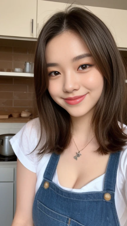 (Best quality, 8k, masterpiece: 1.3), a beautiful woman with perfect figure: 1.4, dark brown hair, wearing a pendant, wearing an apron, in the kitchen, highly detailed face and skin, detailed eyes, double eyelids, big breasts, smile