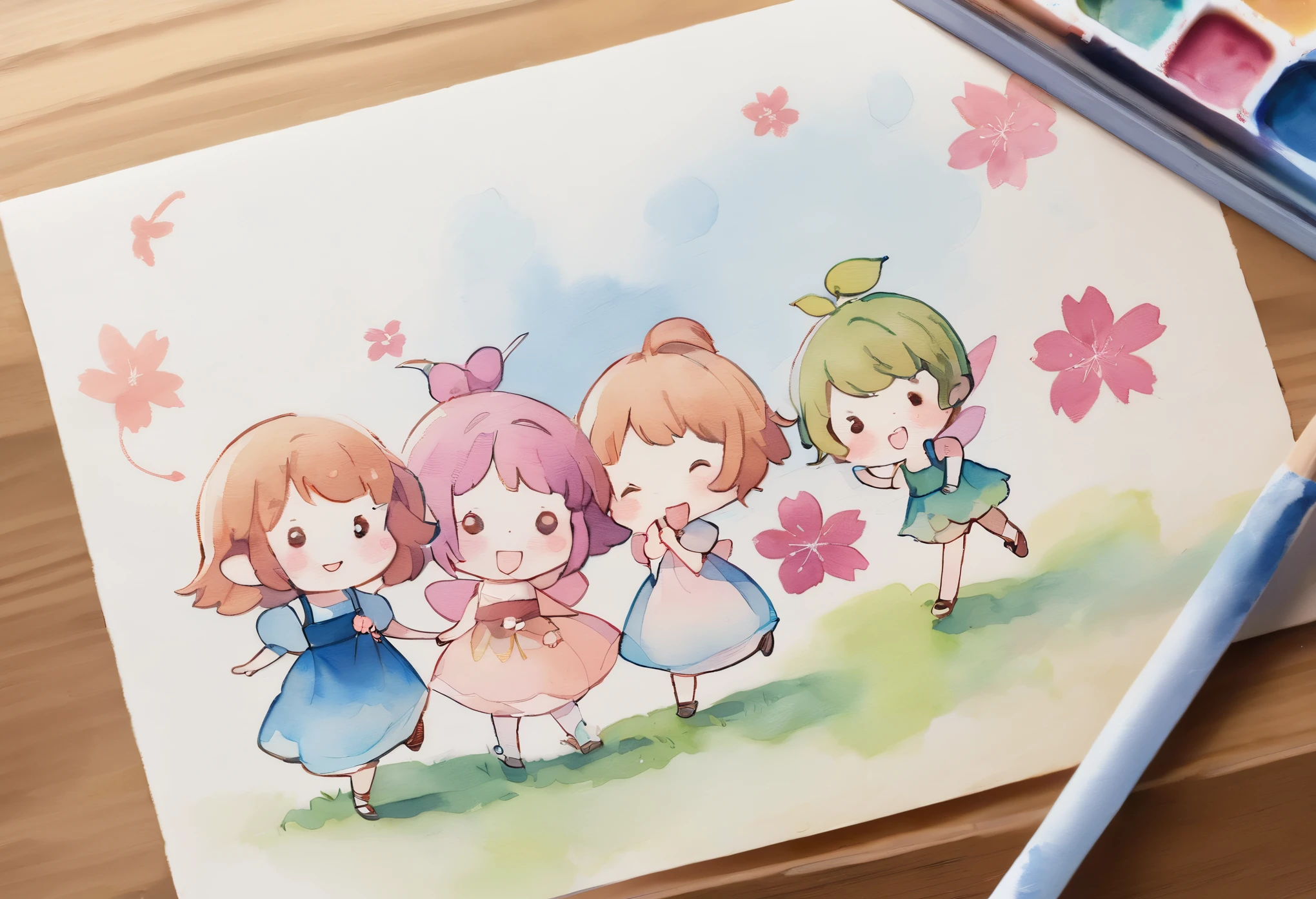 cheerful and funny illustration,cartoon,chibi,doodle style,Cherry blossom fairies,watercolour.,