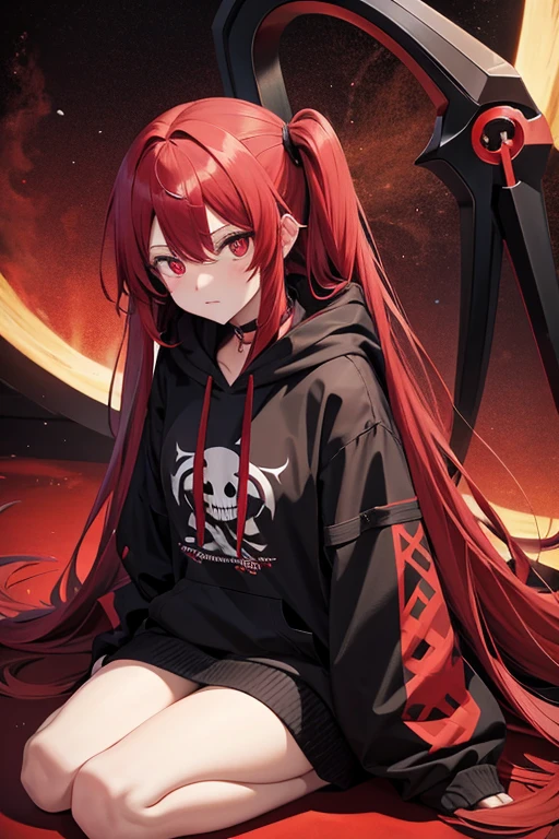Red long hair female character Yandere Red eyes Madness Black hoodie Overfit Grim Reaper Reaper's Scythe Mesugaki