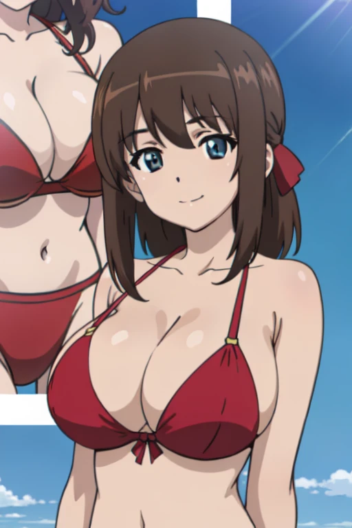 (anime cels style, best quality, high resolution, megami magazine, anime poster style, photorealistic), (beautiful eyes:1.2), kondou_taeko, 1girl, smile, medium hair, brown hair, brown eyes, (hair ribbon:1.2, red ribbon), (huge breast), (red bikini), upper body, (perfect detailed anatomy, beautiful face, perfect body, perfect arms, shiny skin), sunshine, bluesky