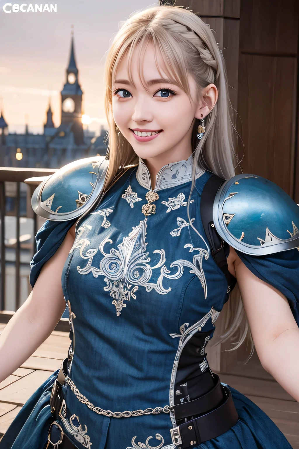 8K、highest quality、female knight、The background is a castle、Luxurious Silver Armor、heavy equipment、hairstyle shortcut、smile、beautiful teeth、full body photo、ear piercing、blonde、white woman、blue eyes、