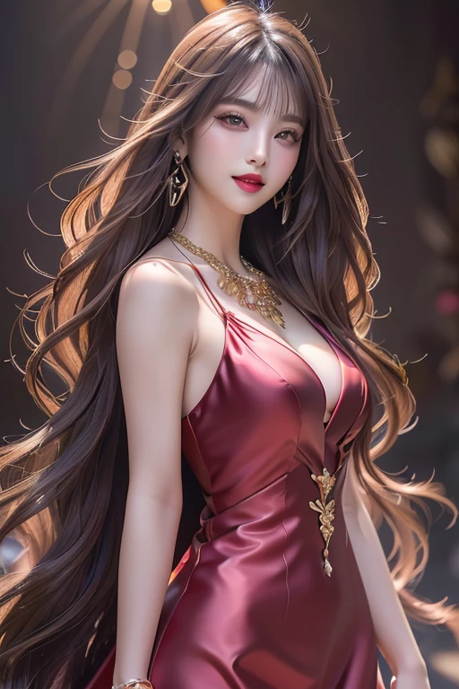 (highest quality、Full body photo 1.2、8K、best image quality、Award-winning work)、(one young girl, :1.3)、(Luxury dresses:1.2)、(red eyeshadow:1.2)、perfect makeup、long eyelashes、Super high-definition sparkling eyes、ultra high definition hair、ultra high resolution glossy lips、Super high resolution perfect teeth、Super high resolution cute face、brown hair、(((very long straight hair:1.2))、look at me and smile、[clavicle]、accurate anatomy、Luxury love hotel、(The most moody warm lighting:1.2)、blurred background、With bangs、Super high-resolution glossy and moisturized face、Super high resolution glowing skin、most detailed face、Ultra high resolution detailed faces、ultra high resolution hair、Super high resolution sparkling eyes、Beautiful face drawn in every detail、Super high resolution glossy red lips、big breasts、cleavage、Fashionable necklaces、(((Full body photo 1.2)))、Hair fluttering in the wind 1.2、Professional Lighting 1.3