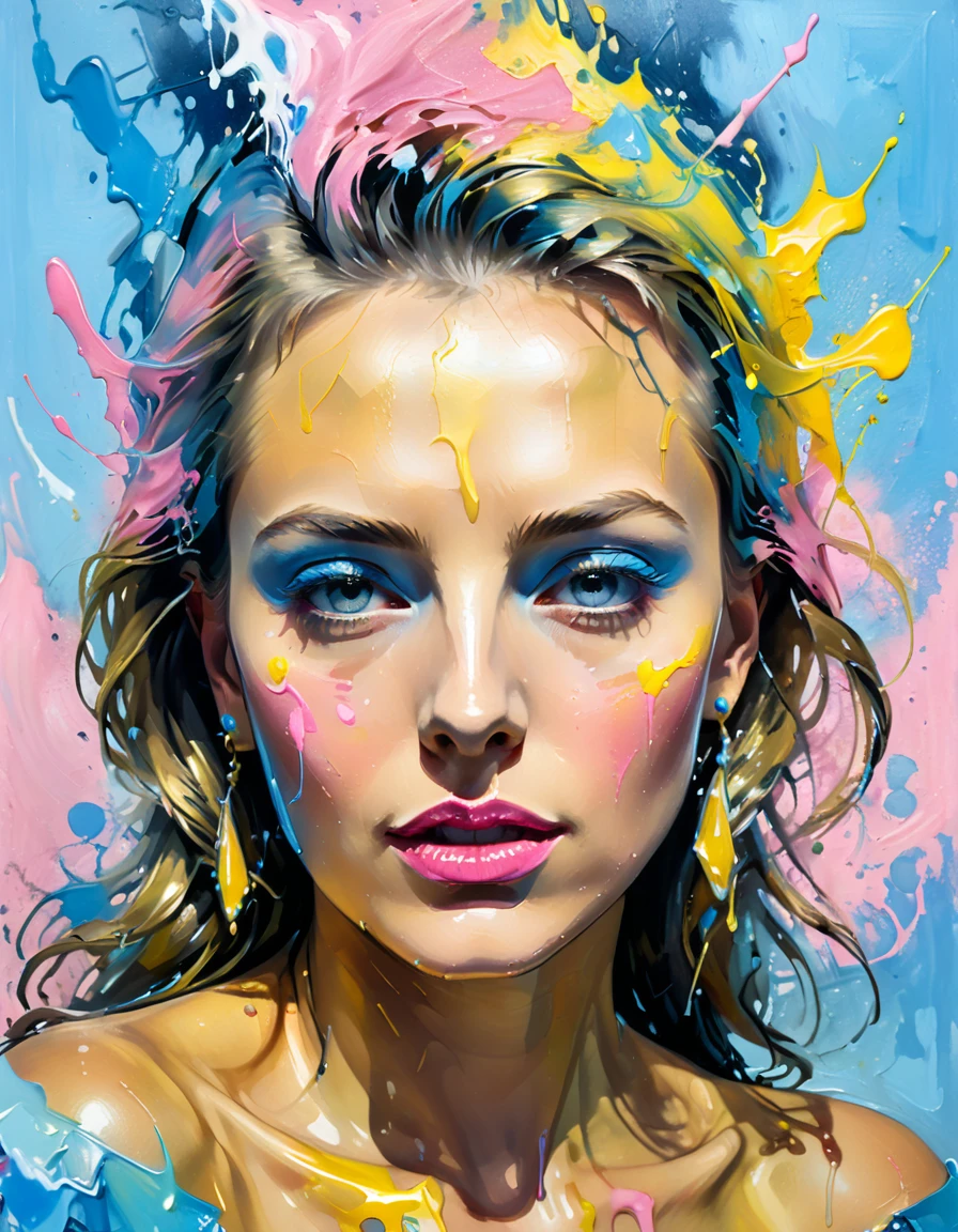 ice, olpntng style, A head and shoulders portrait of a wonderfll strong woman [Vanessa Williams:Maude Adams:0.45], blue, yellow, pink, masterpiece, trending on artstation, oil painting, heavy strokes, paint dripping