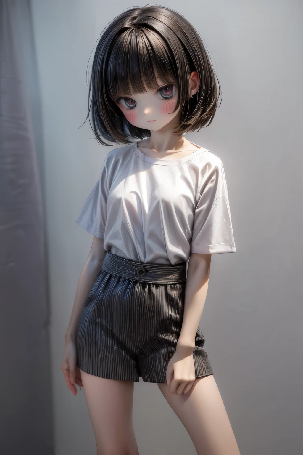 ((Masterpiece)), ((best quality)), (Anime:1.5), (RAW photo:1.2),(High Definition:1.3), (Professional Photography:1.2), ((************)), checked pattern background, dark color, Cute , (scornful), (exposed small breast), messy short bob, Looking away, white baggy T-shirt, printed shirt, (undress loose-fitting clothes), Retro, ((leaning forward,)), extended downblouse, exposed cute bra,