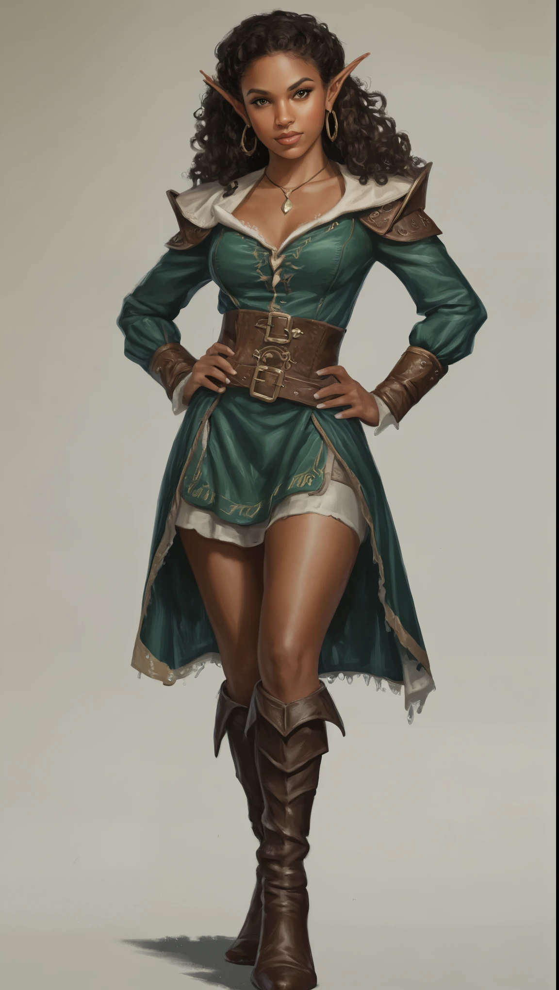 An illustrated movie poster, hand-drawn, full color, a teenage elven girl, wearing a pirate blouse and knee-high boots, resembles Brookliyn Wren, brown complexion, very tall, athletic body, hourglass figure, curvy, toned midriff, bottom-heavy, generous hips, massive bubble-butt, long legs, ridiculously thick powerful thighs, golden brown eyes, long pointy elf ears, dark hair, long coily curls, posing on a pedestal, wet glistening skin, hard shadows, graphite shading, stencil marks, airbrushed acrylic paint, masterpiece, in the style of Skyrim