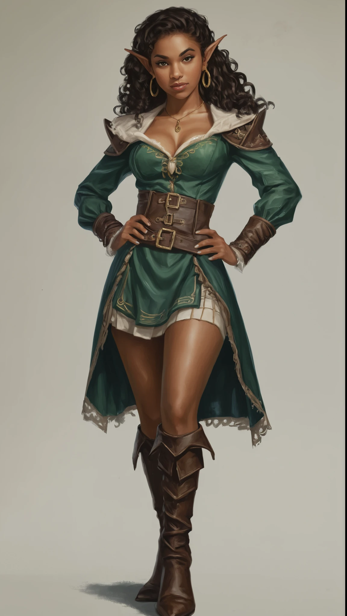 An illustrated movie poster, hand-drawn, full color, a teenage elven girl, wearing a pirate blouse and knee-high boots, resembles Brookliyn Wren, brown complexion, very tall, athletic body, hourglass figure, curvy, toned midriff, bottom-heavy, generous hips, massive bubble-butt, long legs, ridiculously thick powerful thighs, golden brown eyes, long pointy elf ears, dark hair, long coily curls, posing on a pedestal, wet glistening skin, hard shadows, graphite shading, stencil marks, airbrushed acrylic paint, masterpiece, in the style of Skyrim 