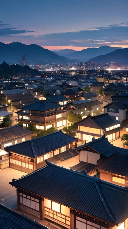 Aerial view of a town with many lights on the buildings, japanese people, ancient asian village, tarde lluviosa, edificios bellamente iluminados, por la tarde durante la lluvia