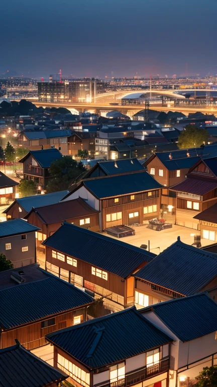 Aerial view of a town with many lights on the buildings, japanese people, ancient asian village, tarde lluviosa, edificios bellamente iluminados, por la tarde durante la lluvia