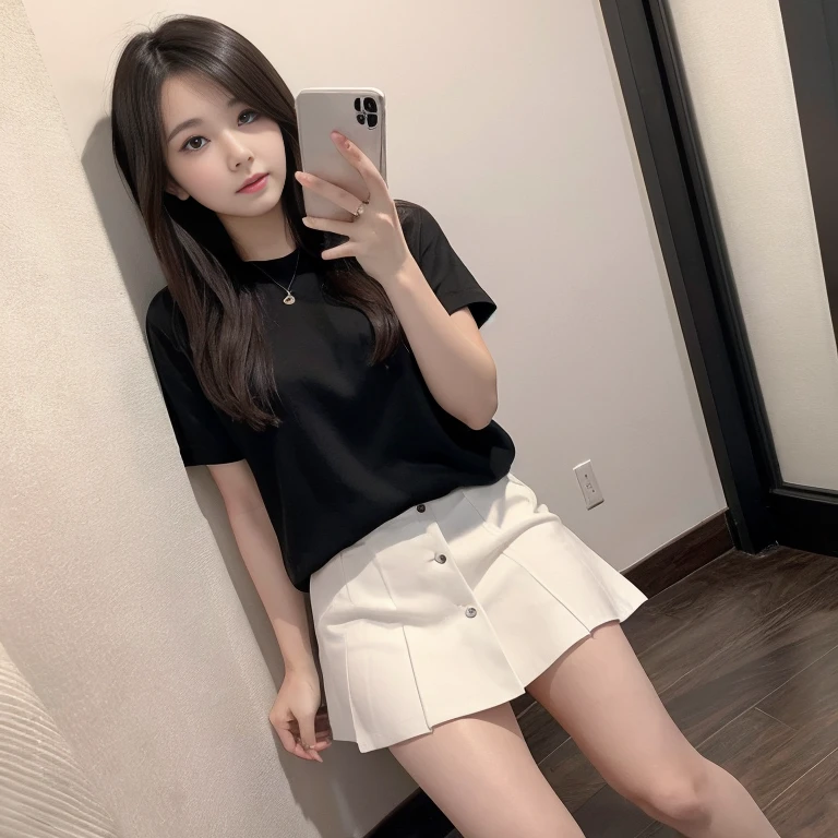 debris flies、highest quality、super fine、Understood、High resolution、8k wallpaper、perfect dynamic composition、(((Full body Esbian)))、((from below))、20 year old cute girl、detailed beautiful face、delicate and cute eyes、fine-textured skin、My cheeks turned red、(wavy black hair)、thin legs、Please generate at the eaves、Take a selfie with your phone、room、Wearing short-sleeved knitwear、wear a skirt、white background、I can see your pants、panty shot