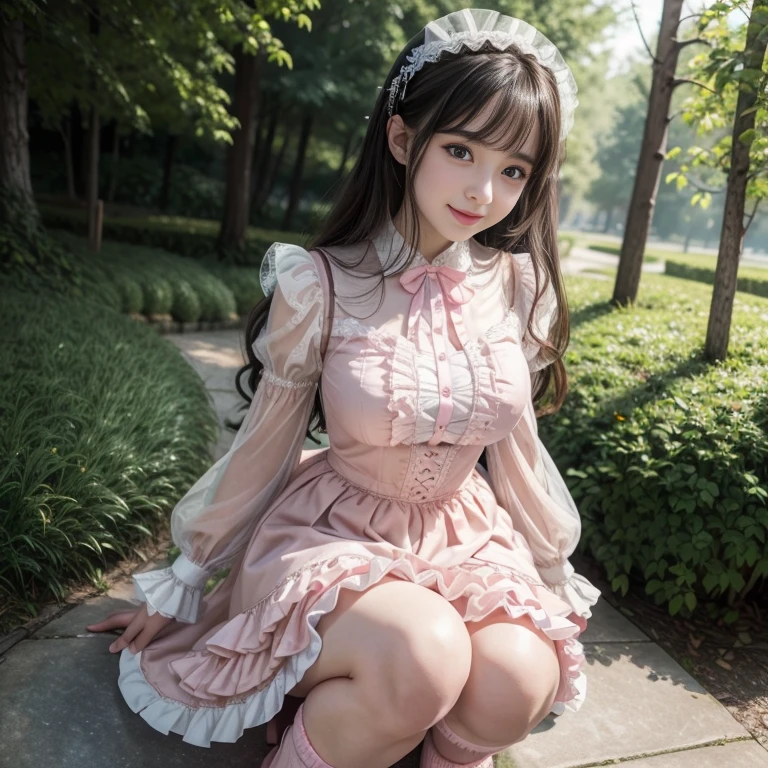 best quality, masterpiece, lifelike, 1 girl, alone, eternal, black hair, Long curly hair, blunt bangs, Smile, pink skirt, pink lolita dress, layered skirt, Lolita style long skirt,Layered dress lace-trimmed skirt, decorate, lace, long sleeve, puff sleeves, wide sleeves, Transparent sleeves, hair accessories, in the flower garden, flower, Detailed background, delicate face,pink blush,white knee socks, Pink shoes,cold,Lots of lace,((masterpiece))、(top quality)、8K、high detail、super detailed、 21 years old female,wearing pink lolita dress((dreamy atmosphere:1.1))、Seductive and whimsical style、masterpiece、born、Scenes resembling fairy tale illustrations、intricate details show the ruffles and intricate designs of the lolita gown、capricious、 beautifully、Dream aesthetics、「𝓡𝓸𝓶𝓪𝓷𝓽𝓲𝓬、ethereal、charming、fickle、magic」、realism、Visual effect、FXAA、SSAO、shader、voiceless、ambient lighting、Tone mapping、High resolution、ultra high definition、megapixel、(8K resolution:1.10)、8K、8K resolution、high detail、intricate details、 (high quality:1.2、masterpiece:1.2、:1.21)、(21 years old female:1.21)、(Smile excitedly)、(Surrounded by the dreamy atmosphere of an amusement par color lolita dress、Her eyes were full of surprise and joy、I took a lot of geek photos、High heel、Model diagram,full-body shot,Knee-high white的 lace socks,Sweet Lolita,Normal 2 feet,Pink shoes,Baotou shoes,full-body shot,;Don't expose your fingers,Emphasize the volume of the skirt,exposed,huge breasts,The skirt flew up,Low-cut nudity,hair accessories,big skirt dress,If you shoot from a certain angle you can see my panties,eternal,The skirt floated up
