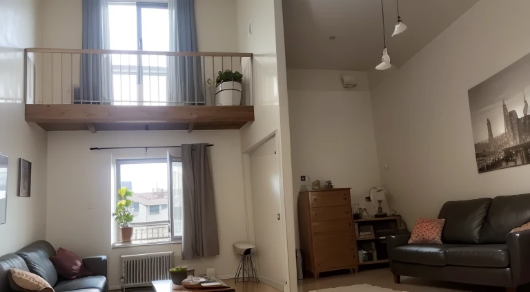 arafed living room with a couch, coffee table, With balcony, In a cozy apartment, picture of a loft in morning, old apartment, Split Level Living Room, very high ceiling, Natural light enters the room, Photo of the loft interior, high ceiling, city apartment cozy calm, cozy old victorian loft, Art student&#39;s apartment, high ceiling