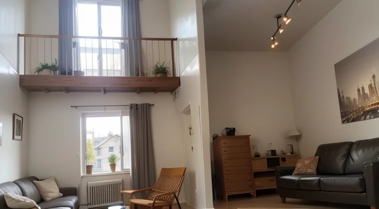 arafed living room with a couch, coffee table, With balcony, In a cozy apartment, picture of a loft in morning, old apartment, Split Level Living Room, very high ceiling, Natural light enters the room, Photo of the loft interior, high ceiling, city apartment cozy calm, cozy old victorian loft, Art student's apartment, high ceiling