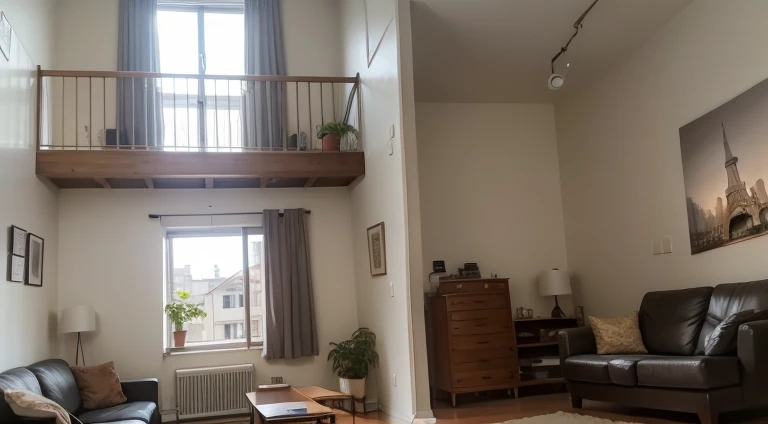 arafed living room with a couch, coffee table, With balcony, In a cozy apartment, picture of a loft in morning, old apartment, Split Level Living Room, very high ceiling, Natural light enters the room, Photo of the loft interior, high ceiling, city apartment cozy calm, cozy old victorian loft, Art student&#39;s apartment, high ceiling