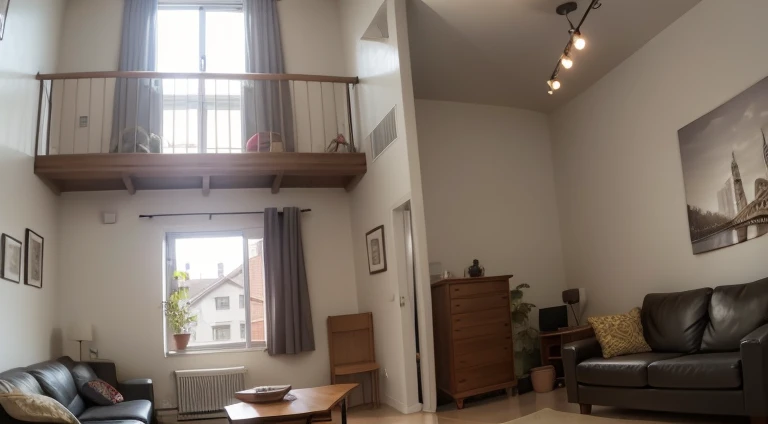 arafed living room with a couch, coffee table, With balcony, In a cozy apartment, picture of a loft in morning, old apartment, Split Level Living Room, very high ceiling, Natural light enters the room, Photo of the loft interior, high ceiling, city apartment cozy calm, cozy old victorian loft, Art student's apartment, high ceiling
