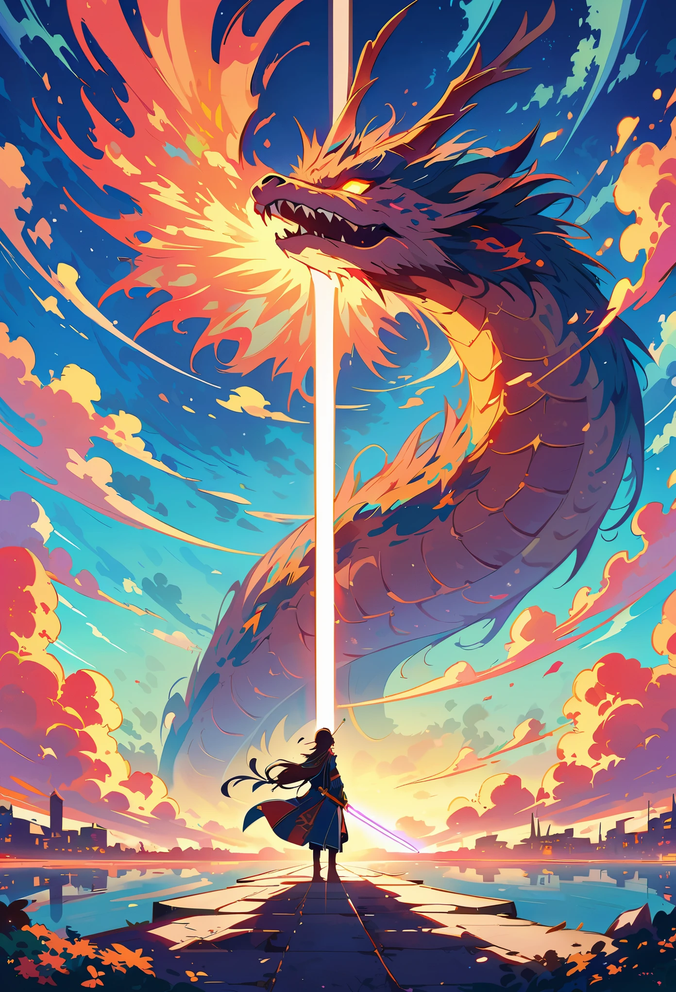 A majestic Chinese dragon soaring in the sky with its mouth open and glowing eyes, holding an energy sword. High resolution with buildings below and colorful clouds floating behind it. Exquisite details in a fantasy art style with a soft light and majestic atmosphere. The perspective composition shows a full body shot of the dragon in the style of anime or cartoon.