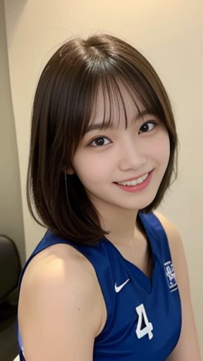 It captures a beautiful 24-year-old Japanese woman with the figure of a member of Japanese idol groups Keyakizaka46 and Nogizaka46.。She is posing as a volleyball player。With a smile、I'm posing with the wide angle slightly raised.。Her natural charm and bright smile、It's overflowing from the photo。Her pose and charming smile、It fascinates the viewer。Touching the ball in a white sleeveless shirt。In the background、The gym is expanding