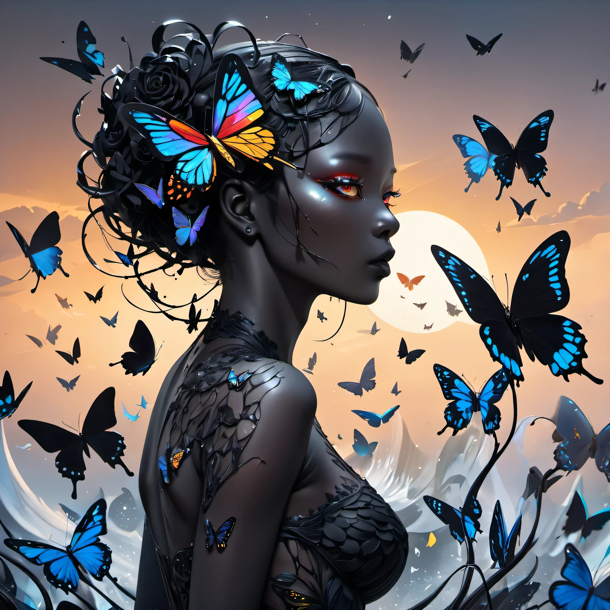 ((woman in black)),　black　skin、butterflies dance、spiritual、Tao、spirit、Conceptual art, Contemporary art, multiple、UHD, retina, anatomically correct, textured skin, masterpiece, super detail, award winning, 8k