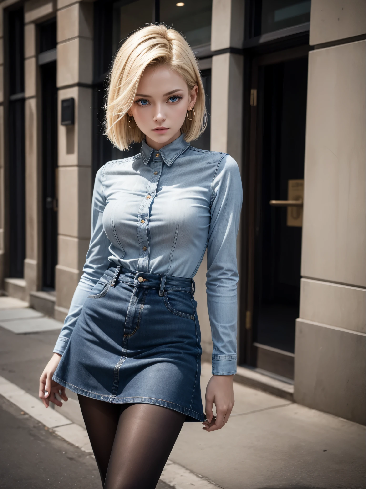 best quality, high resolution, and 18, 1 girl in, Android 18, alone, blonde hair, blue eyes, short hair, earrings, jewelry, denim dress, black pantyhose, Black shirt, Denim skirt, striped long sleeves, blue skirt, medium breasts, Cowboy shooting, street