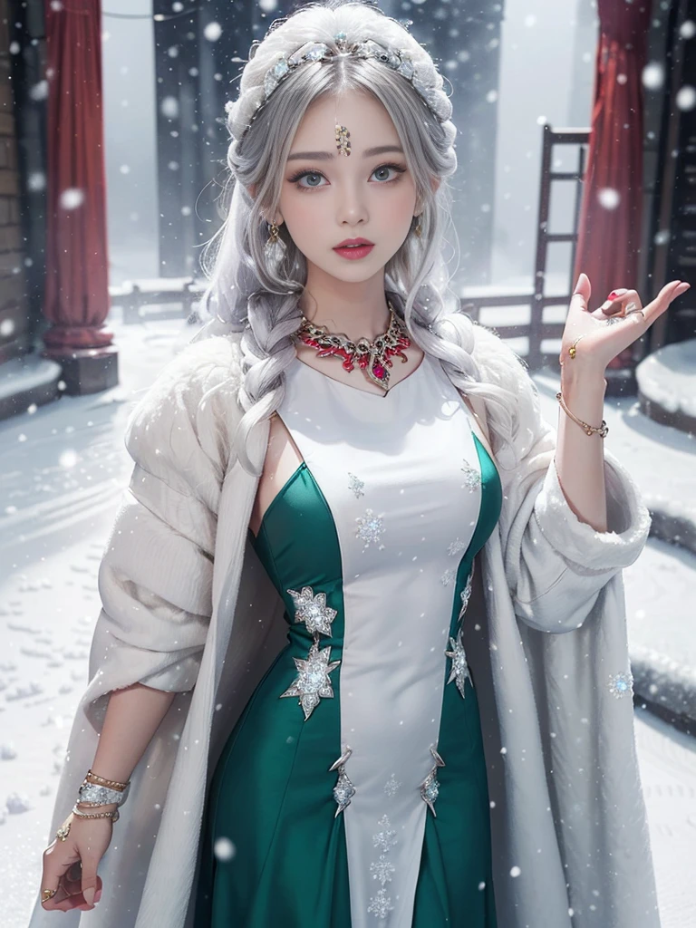 8 thousand, masterpiece, 1 girl, beautiful face, very long hair, light makeup, detailed eyes, detailed lips, , winter dresses, dark green dress, (wear jewelry:1.8), (race:1.4), ((snowing:1.4)), attractive pose,