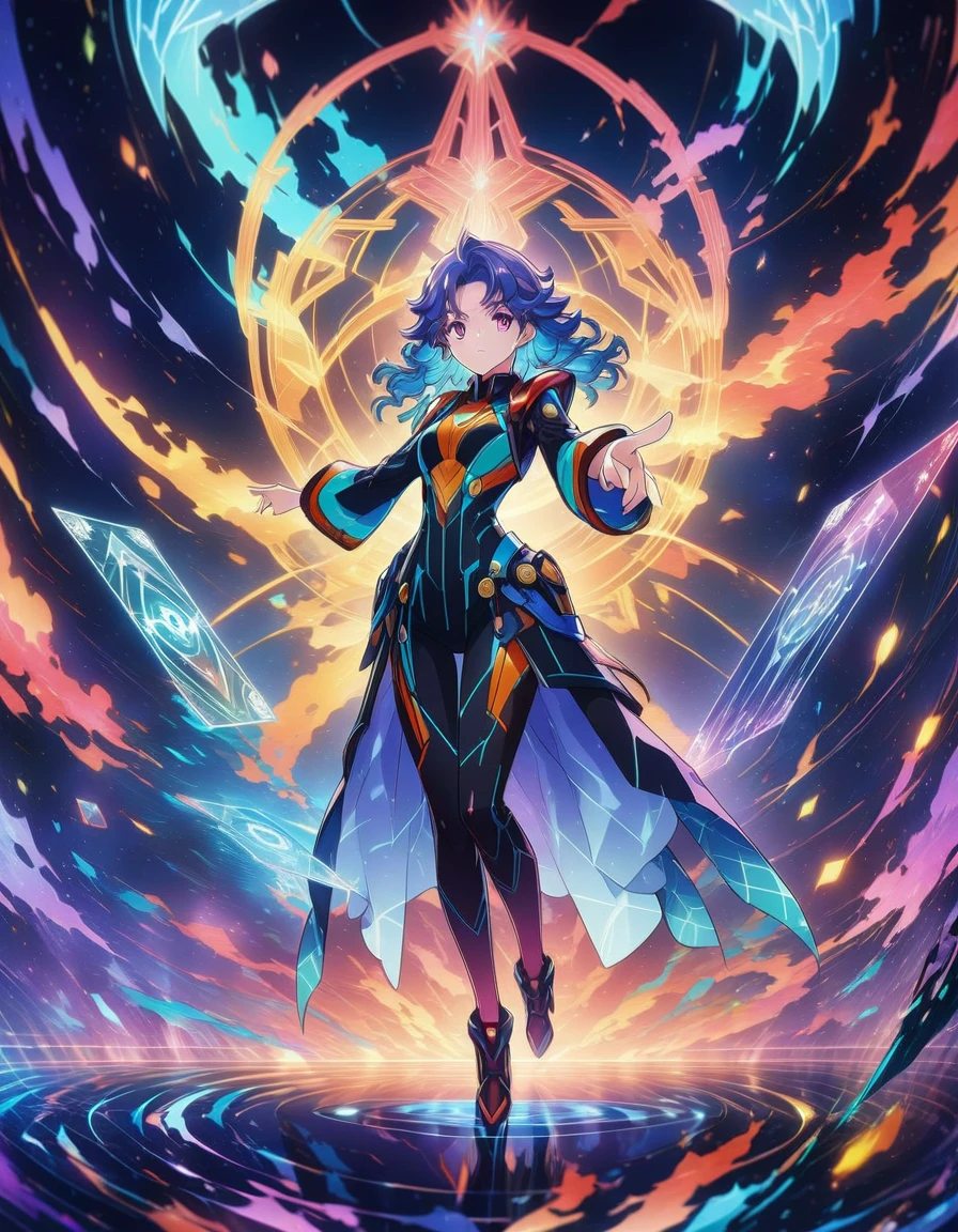 1girl, Tech Mage, Tarot Cards, aesthetic, An updated Tarot card, "Tech Mage", symbolizing power, creation, and resourcefulness. Show a figure in a futuristic setting manipulating a hologram, one hand pointing to the sky, the other to the ground. Use Tarot suits as tech elements. The art should be visually striking, inventive, and blend Tarot symbolism with a modern, tech-focused style . (masterpiece), (best quality), (ultra-detailed), very aesthetic, illustration, disheveled hair, perfect composition, moist skin, intricate details, anime artwork, anime style, visual, vibrant, studio anime, highly detailed