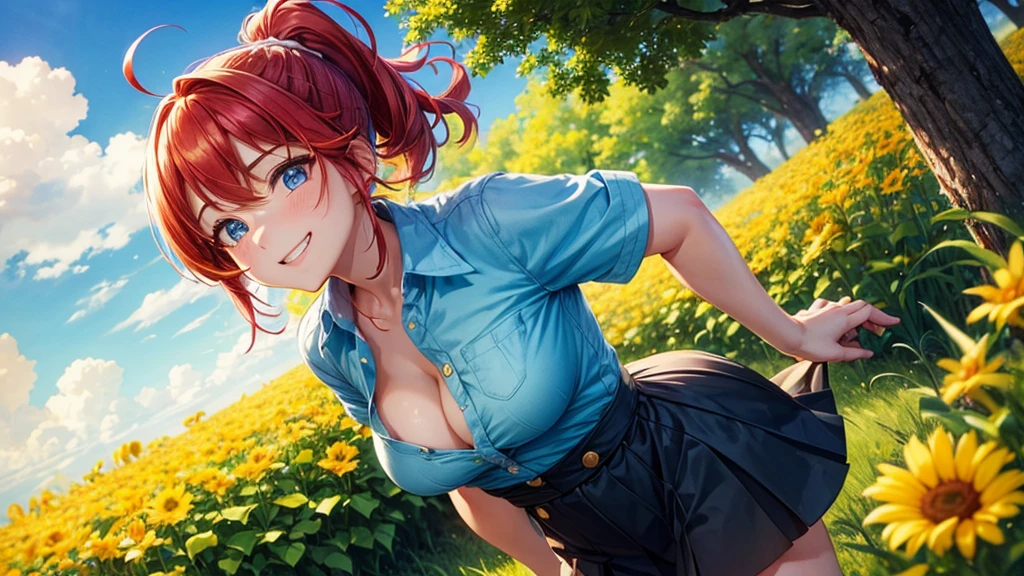 1girl, summer, village, trees, sun, clouds, ((colorful hair)), ponytail, large breasts, button down, blue eyes, ((red, white and green shirt)), ((unbuttoned shirt)), unbuttoning buttons, ((short sleeved shirt)), black mini skirt, brown shoes, grin, looking at the viewer, standing, red, white and green hair ribbon, cleavage, ((golden necklate))