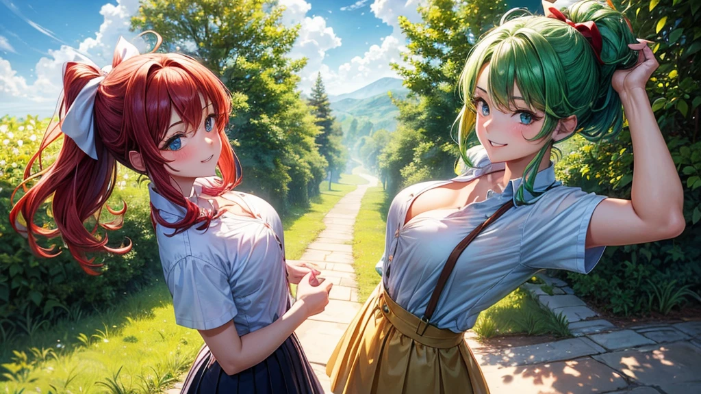 1girl, summer, village, trees, sun, clouds, ((colorful hair)), ponytail, large breasts, button down, blue eyes, ((red, white and green shirt)), ((unbuttoned shirt)), unbuttoning buttons, ((short sleeved shirt)), black mini skirt, brown shoes, grin, looking at the viewer, standing, red, white and green hair ribbon, cleavage, ((golden necklate))