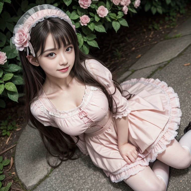 best quality, masterpiece, lifelike, 1 girl, alone, eternal, black hair, Long curly hair, blunt bangs, Smile, pink skirt, pink lolita dress, layered skirt, Lolita style long skirt,Layered dress lace-trimmed skirt, decorate, lace, long sleeve, puff sleeves, wide sleeves, Transparent sleeves, hair accessories, in the flower garden, flower, Detailed background,  delicate face，pink blush，white knee socks, Pink shoes，cold，Lots of lace，((​masterpiece))、(top quality)、8K、high detail、super detailed、 21 years old female，wearing pink lolita dress((dreamy atmosphere:1.1))、Seductive and whimsical style、​masterpiece、born、Scenes resembling fairy tale illustrations、intricate details show the ruffles and intricate designs of the lolita gown、capricious、 beautifully、Dream aesthetics、「𝓡𝓸𝓶𝓪𝓷𝓽𝓲𝓬、ethereal、charming、fickle、magic」、realism、Visual effect、FXAA、SSAO、shader、voiceless、ambient lighting、Tone mapping、High resolution、ultra high definition、megapixel、(8K resolution:1.10)、8K、8K resolution、high detail、intricate details、 (high quality:1.2、​masterpiece:1.2、:1.21)、(21 years old female:1.21)、(Smile excitedly)、(Surrounded by the dreamy atmosphere of an amusement par color lolita dress、Her eyes were full of surprise and joy、I took a lot of geek photos、High heel、Model diagram，full-body shot，Knee-high white的 lace socks,Sweet Lolita，Normal 2 feet，Pink shoes，Baotou shoes，full-body shot，;Don&#39;t expose your fingers，Emphasize the volume of the skirt，exposed，huge breasts，The skirt flew up，Low-cut nudity，hair accessories，big skirt dress，If you shoot from a certain angle you can see my panties，eternal,The skirt floated up