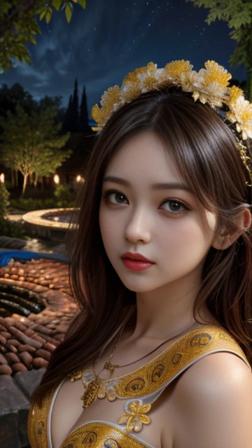 (8k, masterpiece, best quality), ultra-detailed, detailed beautiful round eyes, beautifully detailed face, high quality, high resolution, 1 girl, medium breast, (Devine cloth:1.5), (bare waist), nighttime, night garden background,