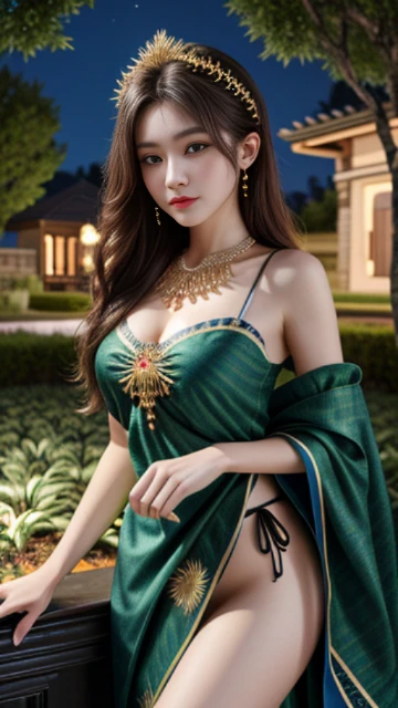 (8k, masterpiece, best quality), ultra-detailed, detailed beautiful round eyes, beautifully detailed face, high quality, high resolution, 1 girl, medium breast, (Devine cloth:1.5), (bare waist), nighttime, night garden background,