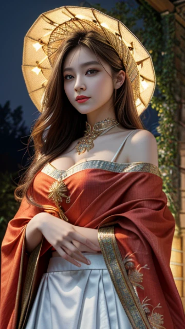 (8k, masterpiece, best quality), ultra-detailed, detailed beautiful round eyes, beautifully detailed face, high quality, high resolution, 1 girl, medium breast, (Devine cloth:1.5), (bare waist), nighttime, night garden background