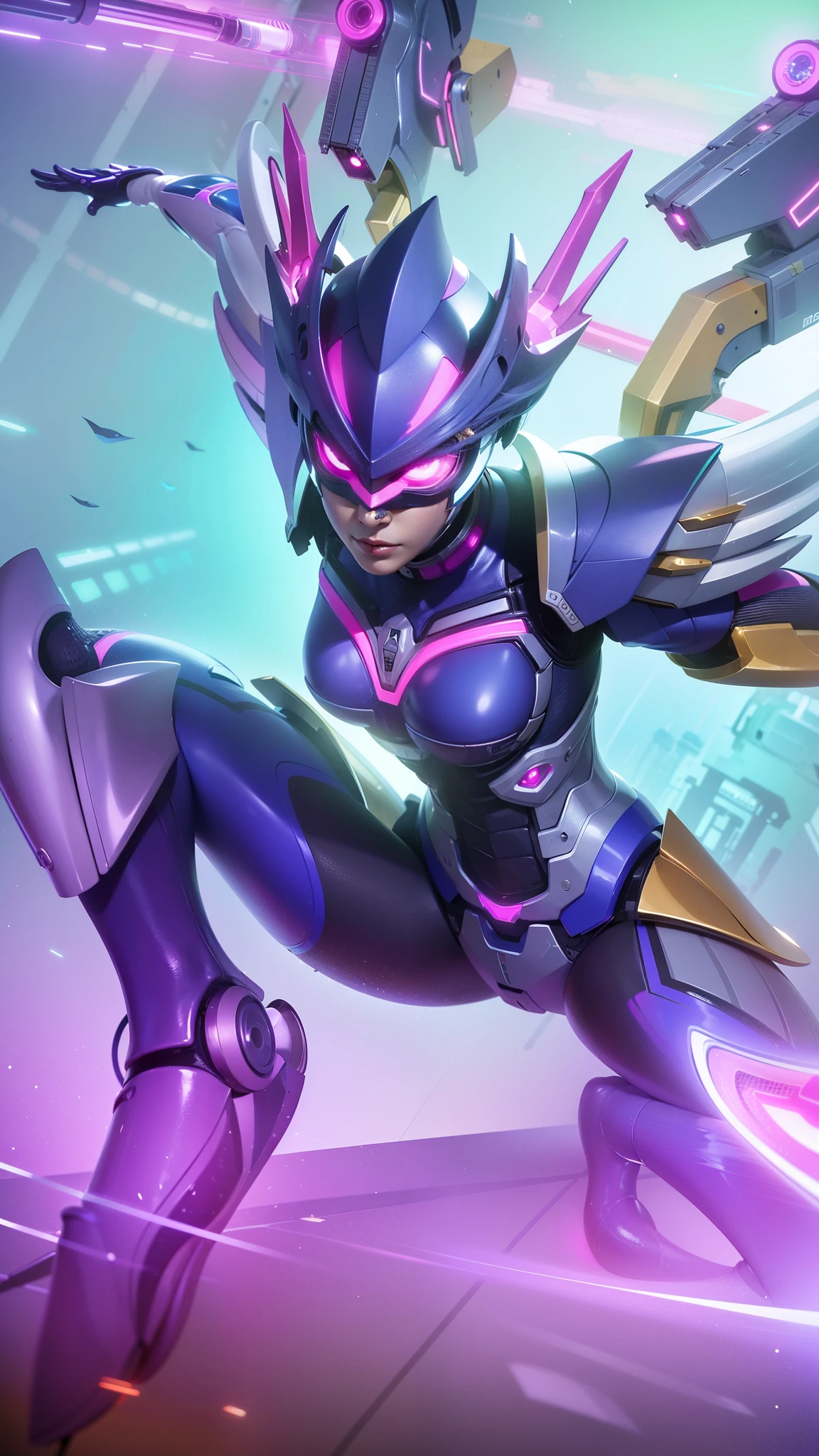 a close up woman of a robot with a purple and yellow costume, 8k, ultra hd, ultra detailed texture, hyper realistic, masterpiece, detailed texture, detailed face, detailed skin, detailed lighting, (photorealistic:1.5), best quality, beautiful lighting, cinematic lighting, professional lighting, ultra highres, realistic, detailed hair, real hair, high quality, (realskin:1.5), extremely detailed, finely detail, ultra-detailed.