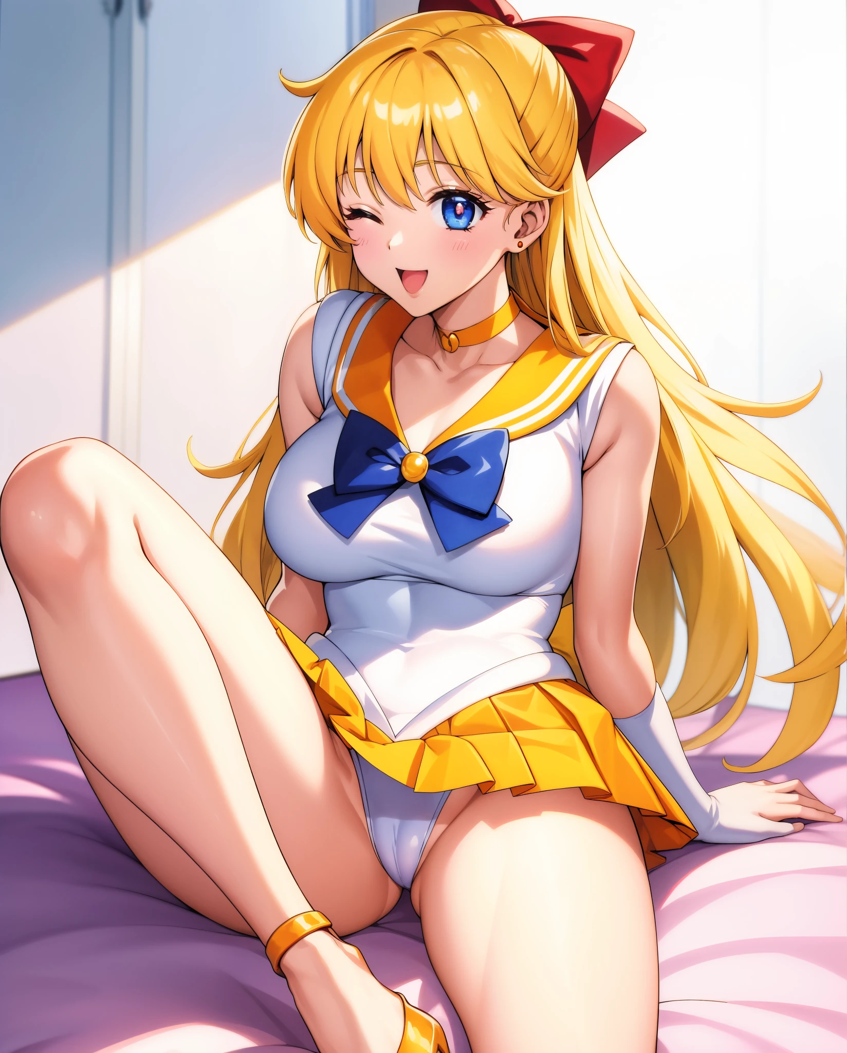 highest quality anime art、masterpiece、high definition anime art、アニメstyle4K、High resolution、Minako Aino、sailor venus、sailor warrior uniform、anime aunt、mature woman、mature woman、annual increase、woman in her 40ILF、orange skirt、golden skirt、Orange choker、golden choker、traditional_media、orange sailor collar、Gold sailor collar、A woman with very long blonde hair、bow、solo、red_bow、white leotard、high leg leotard、white dress、skirt、one eye closed、Magical girl、jewelry、white gloves、elbow bag、blue eyed woman、marker_(medium)、red_hair_bow、yellow_back_bow、woman with very large breasts、big breasts、cleavage、sample、mouth open、a woman is sitting、circlet、cameltoe、Long legs、pubic_hair、orange high heels、golden high heels、heart、rating:questionable、half up hair、mini skirt、pleated skirt、violet_bow_tie、rating:safe、earrings、Leo Chira、shiny、;d、millipen_(medium)、looking_at_viewer、bare shoulders、bare legs、(1990s\(style\):0.9)