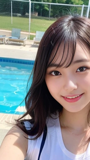 It captures a beautiful 24-year-old Japanese woman with the figure of a member of Japanese idol groups Keyakizaka46 and Nogizaka46.。She is posing as a volleyball player。With a smile、I'm posing with the wide angle slightly raised.。Her natural charm and bright smile、It's overflowing from the photo。Her pose and charming smile、It fascinates the viewer。Touching the ball in a white sleeveless shirt。In the background、The pool is expanding