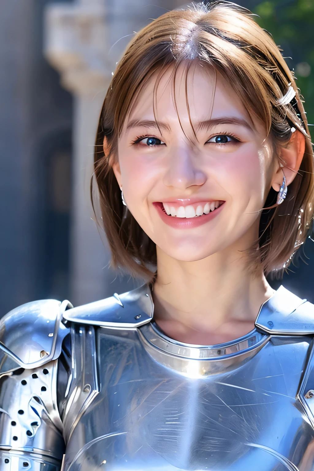 ８Ｋ、highest quality、female knight、The background is a castle、Luxurious Silver Armor、heavy equipment、hairstyle short cut、smile、beautiful teeth、full body photo、ear piercing、blonde、white woman、blue eyes、

