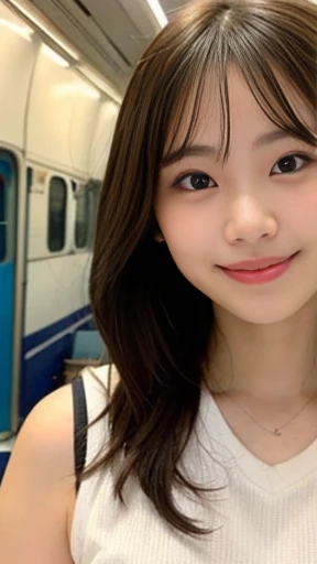It captures a beautiful 24-year-old Japanese woman with the figure of a member of Japanese idol groups Keyakizaka46 and Nogizaka46.。She is posing as a volleyball player。With a smile、I'm posing with the wide angle slightly raised.。Her natural charm and bright smile、It's overflowing from the photo。Her pose and charming smile、It fascinates the viewer。Touching the ball in a white sleeveless shirt。In the background、The interior of the Shinkansen train is spacious