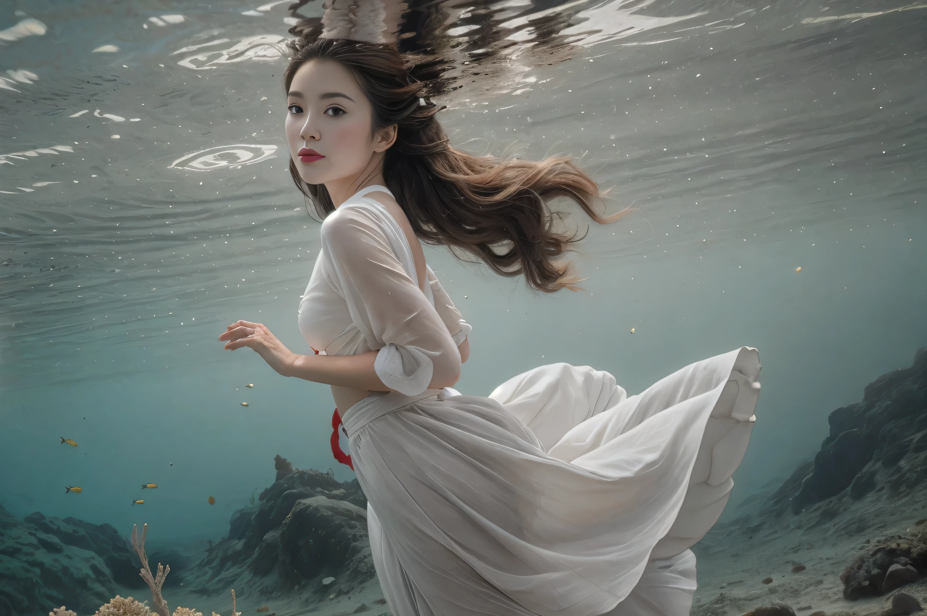 Portrait of a woman,Blue transparent underwater shooting, Volumetric light，White long skirt，Long flowing hair，There are big fish gray on the sea bottom，White coral，red fish，Wandering back and forth，White clouds floating on the water