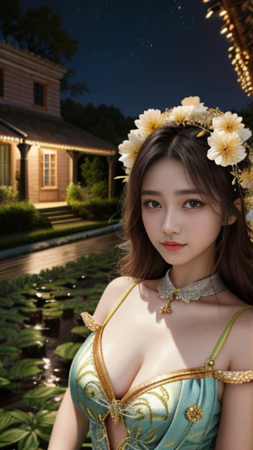 (8k, masterpiece, best quality), ultra-detailed, detailed beautiful round eyes, beautifully detailed face, high quality, high resolution, 1 girl, medium breast, (Devine cloth:1.5), nighttime, night garden background